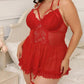Red lace lingerie set with garter straps, plus size women's sleepwear, romantic bedroom style