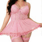 Pink lace lingerie set with ruffled babydoll dress and fishnet stockings for women's fashion