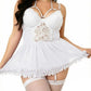 White lace lingerie set with ruffled skirt and fishnet stockings for women's fashion