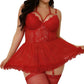 Red lace lingerie set with sheer mesh skirt and fishnet stockings for women's fashion