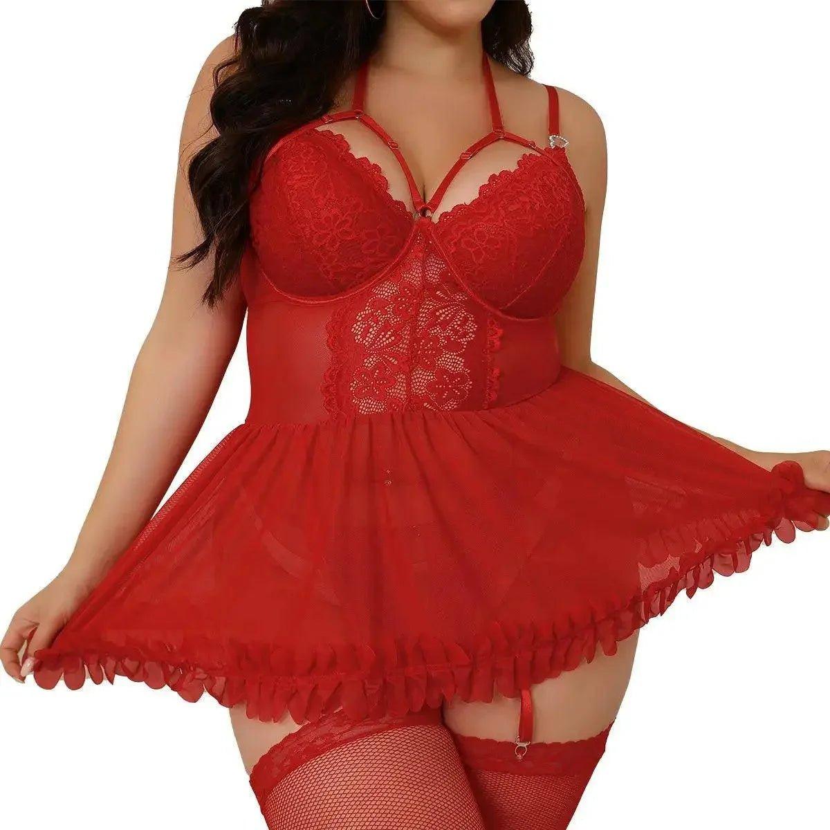 Red lace lingerie set with sheer mesh skirt and fishnet stockings for women's fashion