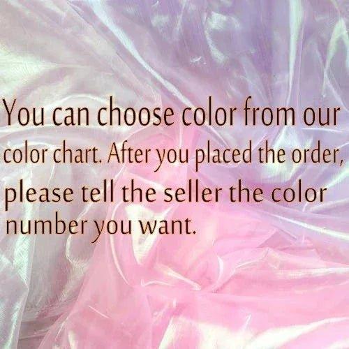 Pink iridescent fabric swatch with color selection instructions for fashion apparel