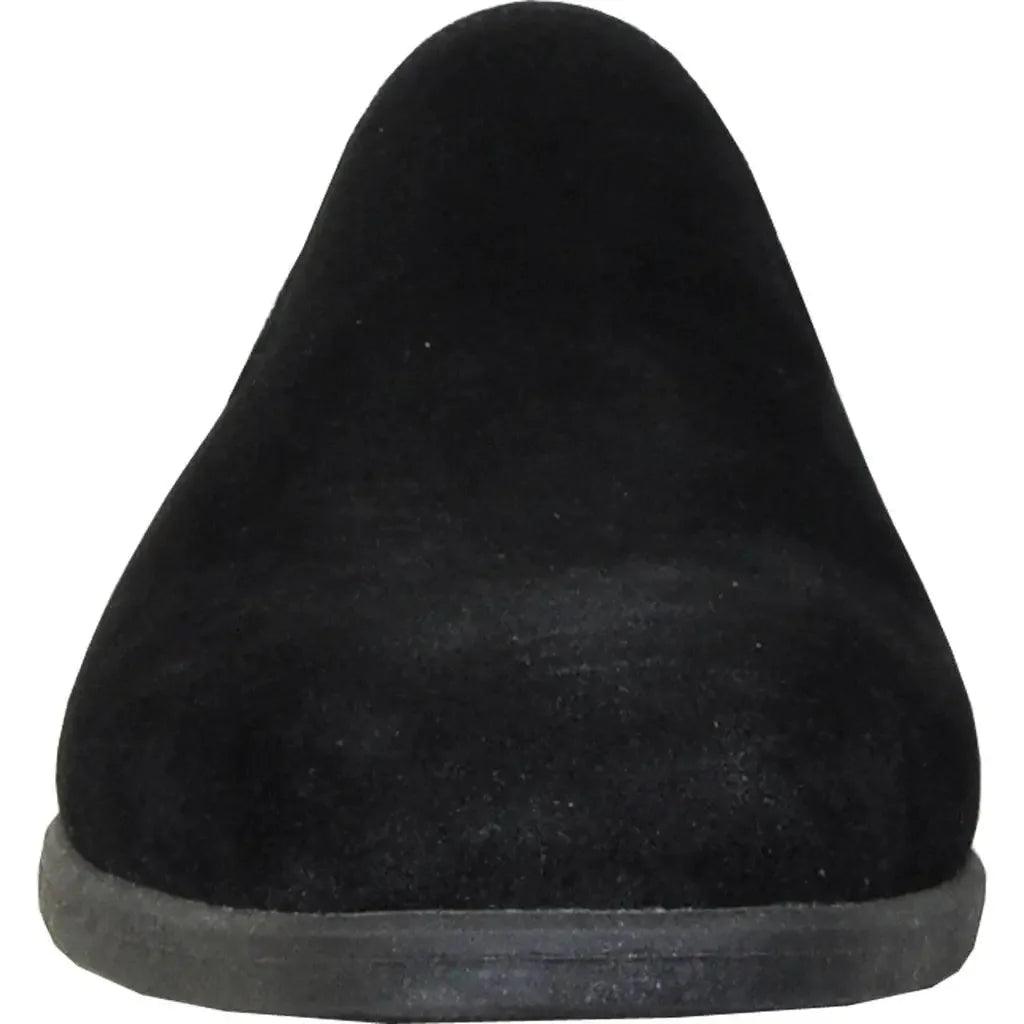 Black suede women's flat shoe with rounded toe and rubber sole