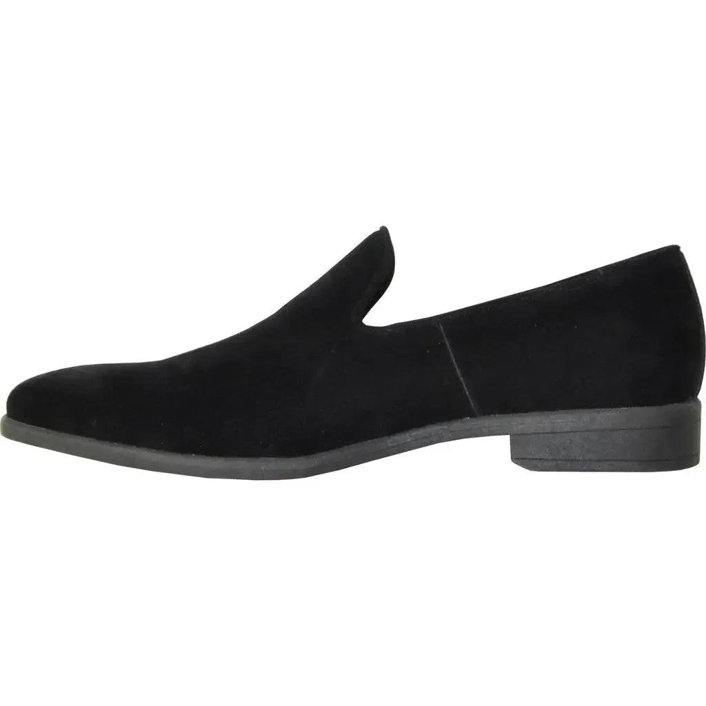 Black velvet women's slip-on loafers with low heel, stylish fashion footwear