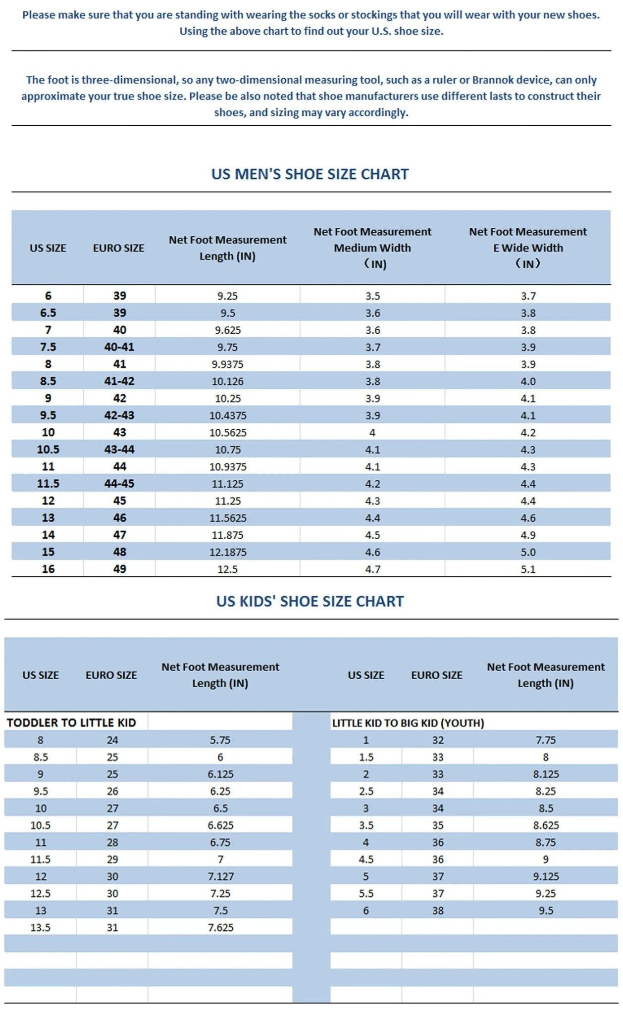 US men's and kids' shoe size chart with foot length and width measurements for accurate sizing