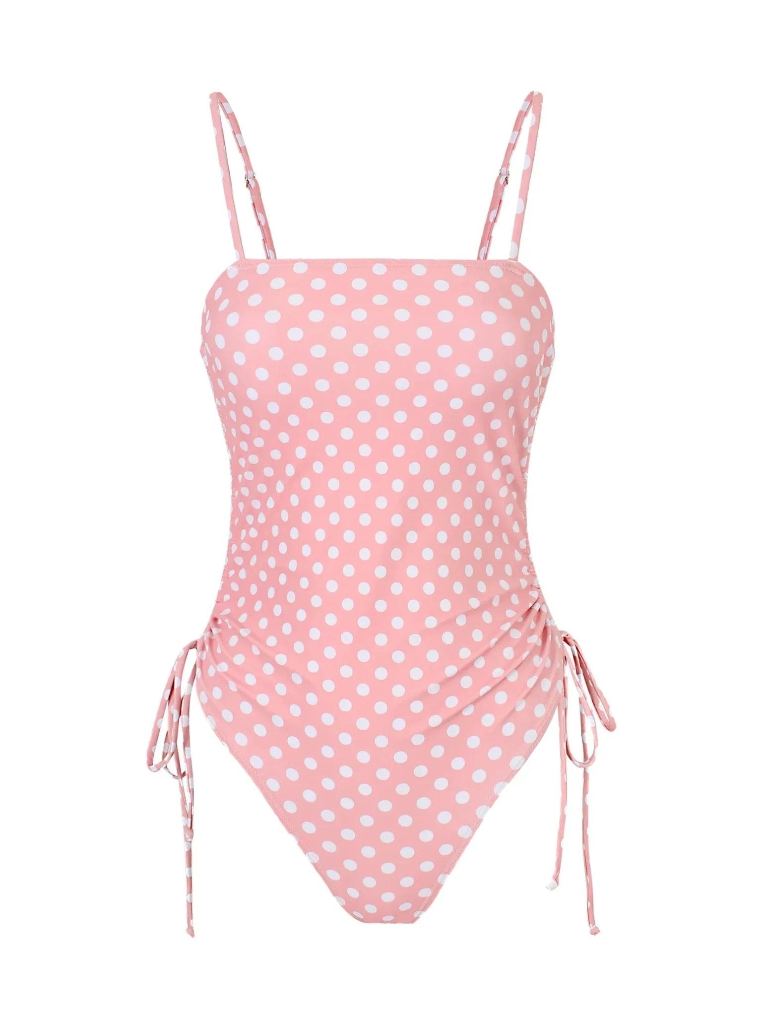 Pink polka dot one-piece swimsuit with side ties and thin straps for women's beach fashion