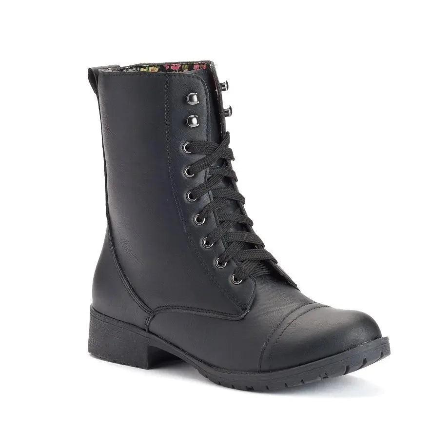 Black lace-up combat boot with floral lining, women's fashion footwear