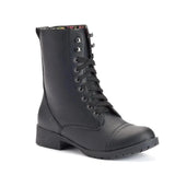 Black lace-up combat boot with floral lining, women's fashion footwear