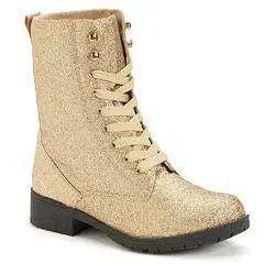 Gold glitter combat boots for women, lace-up design with chunky heel, perfect for fashion-forward outfits