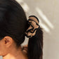 Black and beige knitted scrunchie in ponytail, women's fashion hair accessory
