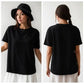 Black oversized t-shirt for women, front and back view with bucket hat and white skirt