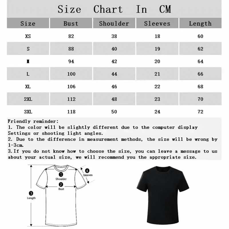 Women's fashion t-shirt size chart in cm with measurements for bust, shoulder, sleeves, length