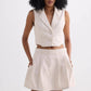 Cream sleeveless blazer vest and pleated mini skirt set for women's fashion