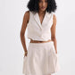 Cream sleeveless blazer vest and pleated mini skirt set for women's fashion