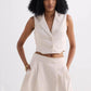 Cream sleeveless blazer vest and pleated mini skirt set for women's fashion