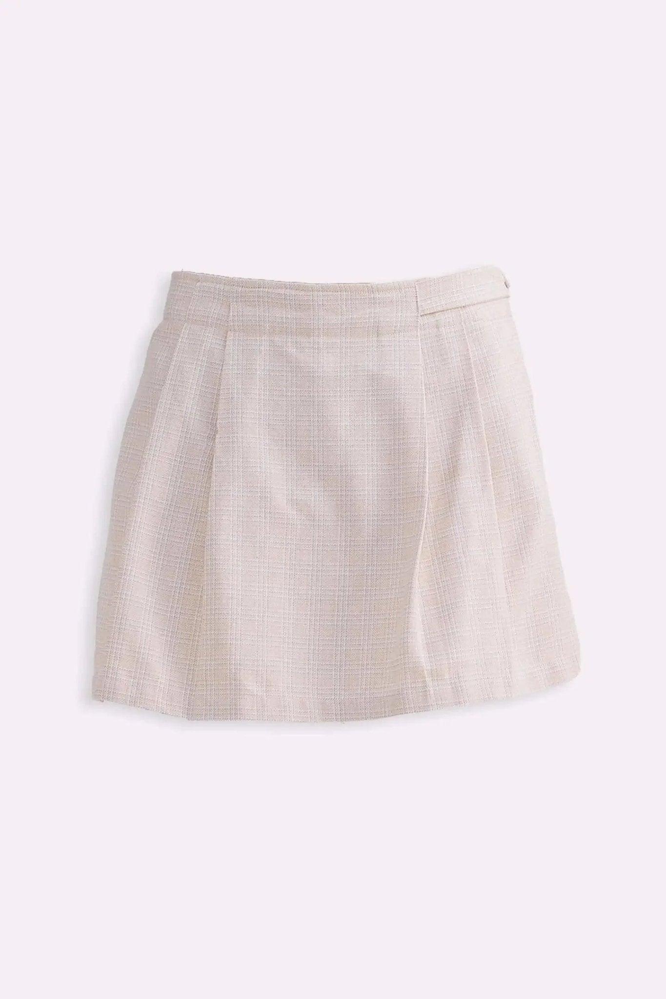 Beige plaid pleated mini skirt for women's fashion