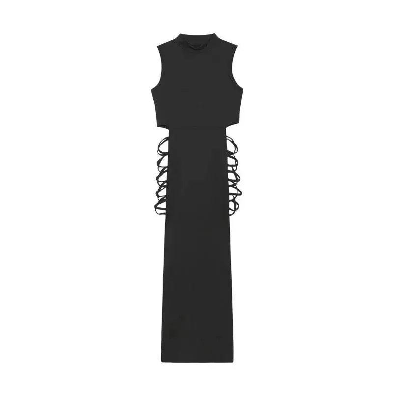 Black sleeveless maxi dress with side lace-up detailing, women's fashion