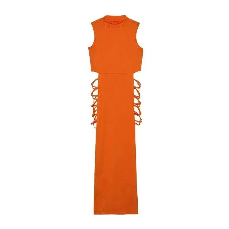 Orange sleeveless maxi dress with side lace-up detail, women's fashion