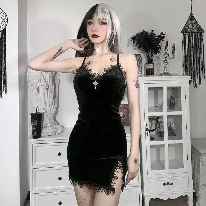 Black velvet lace dress with cross pendant, gothic fashion for women