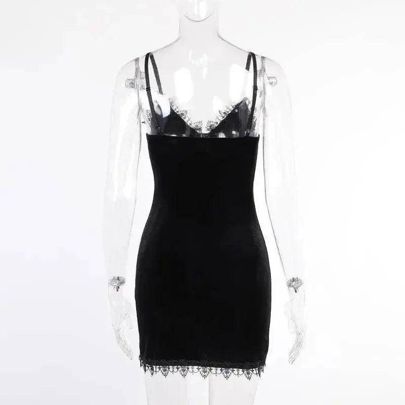 Black lace trim slip dress on mannequin, women's fashion