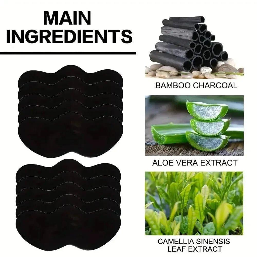 Black under-eye patches with bamboo charcoal, aloe vera, and camellia leaf extract for skincare