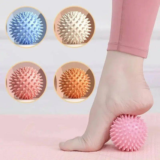 Pink spiky foot massage ball for plantar fasciitis relief, shown with foot on mat, 4 color options