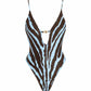 Blue and brown zebra print one-piece swimsuit with gold clasp, women's fashion swimwear