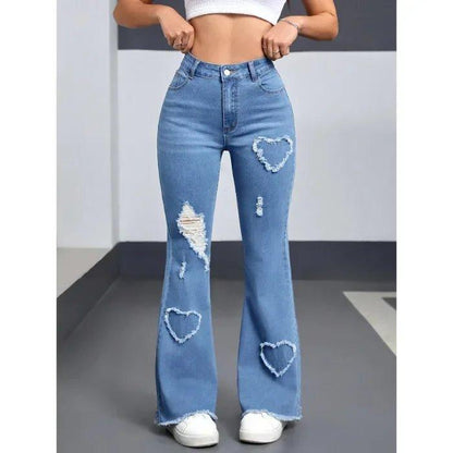 Women's high-waisted flared jeans with heart-shaped rips, trendy denim fashion