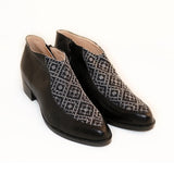 Black ankle boots with geometric pattern, low heel, women's fashion footwear