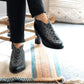 Black ankle boots with geometric pattern, worn with black pants, stylish women's fashion footwear