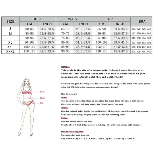 Women's swimwear size chart with bust, waist, hip measurements and bra cup guide for accurate fit