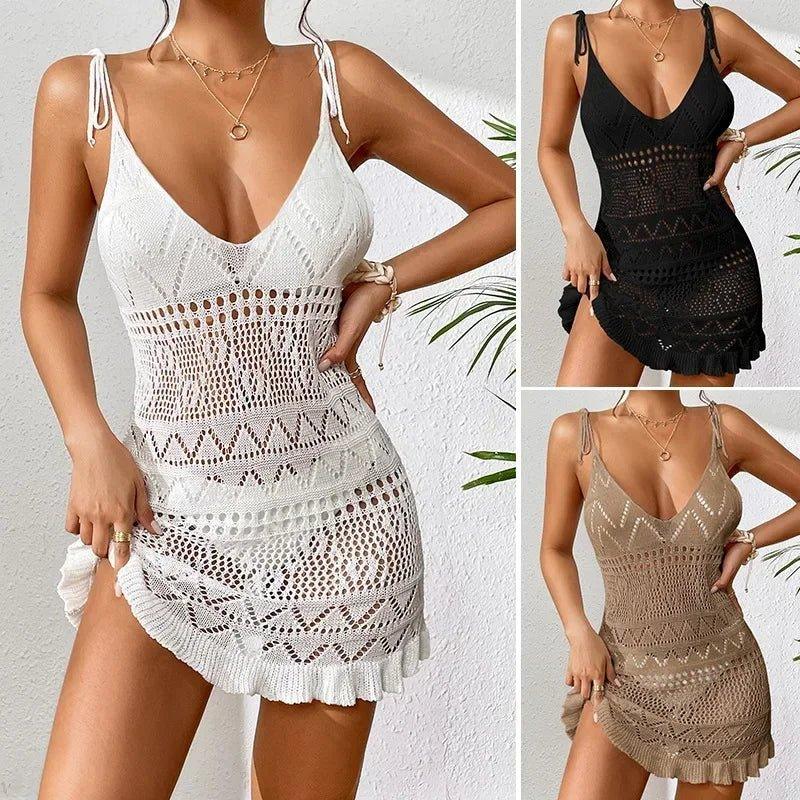 Women's crochet beach cover-up dress in white, black, and beige, perfect for summer fashion