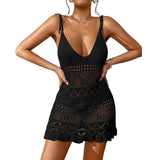 Black crochet beach cover-up dress with deep V-neck and ruffle hem for women's summer fashion