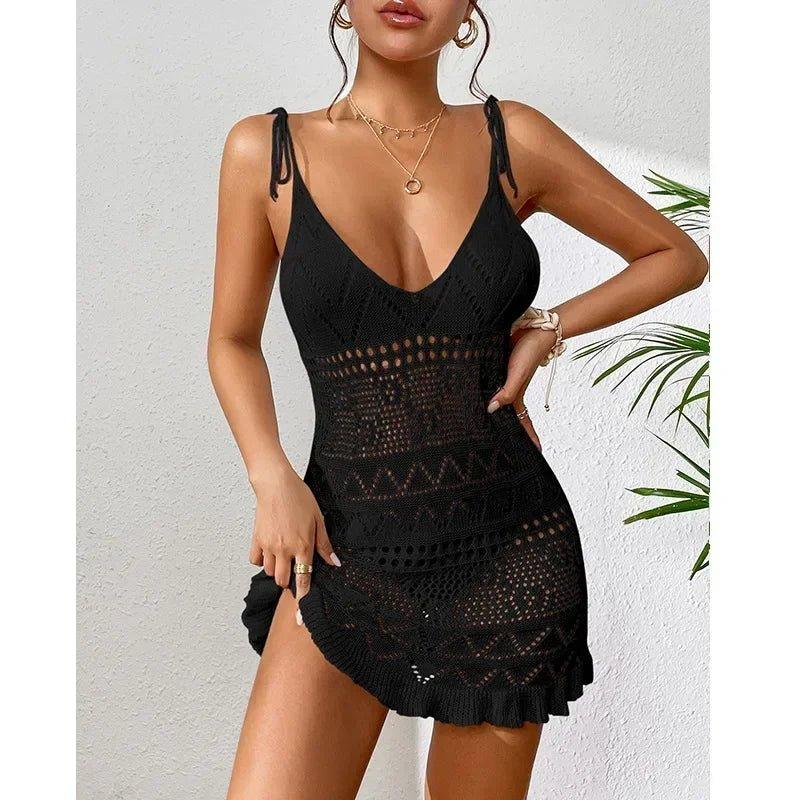 Black crochet mini dress with V-neck and tie straps, women's fashion