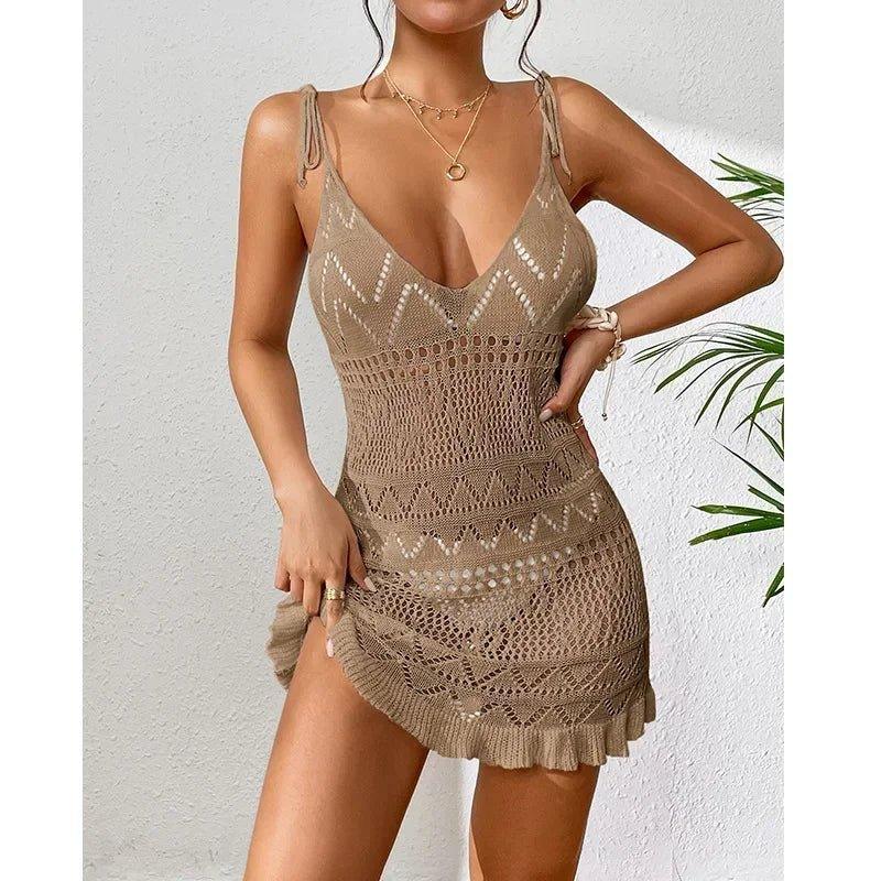 Boho crochet mini dress with V-neck and ruffled hem, perfect for summer fashion