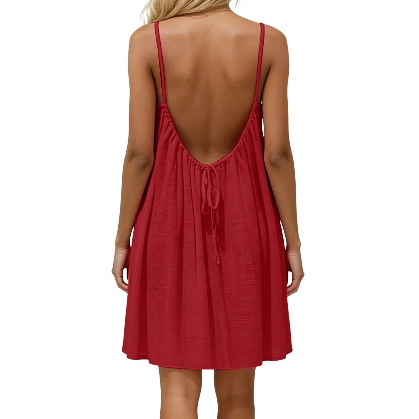 Red backless women's dress with thin straps and drawstring detail, perfect for summer fashion.