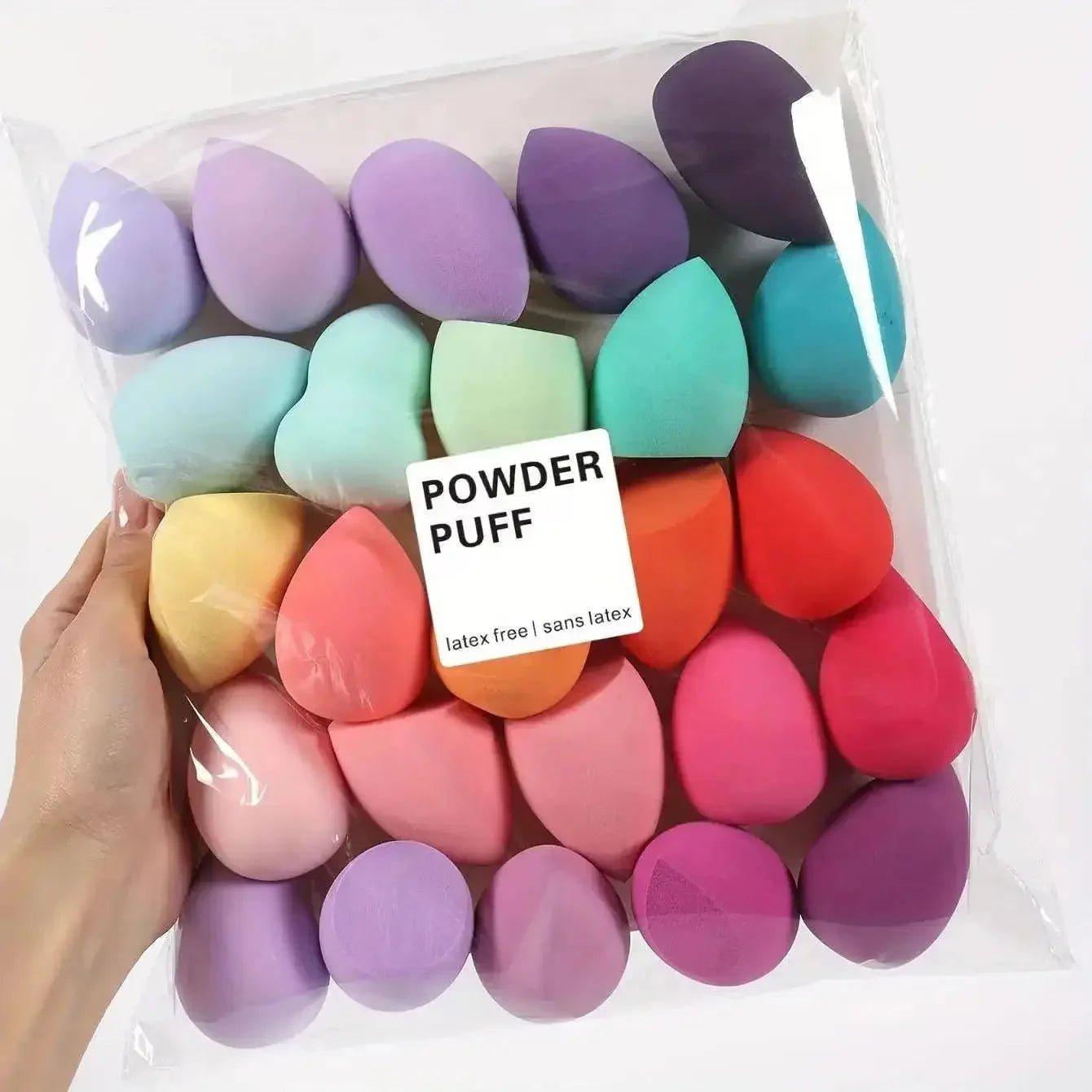 Colorful latex-free powder puffs in clear bag, perfect for makeup application and beauty routines.