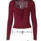 Burgundy long sleeve crop top with lace trim and front tie, sheer panel detail for women's fashion