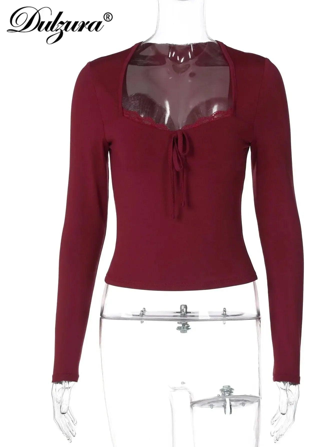 Burgundy long sleeve crop top with lace trim and front tie, sheer panel detail for women's fashion