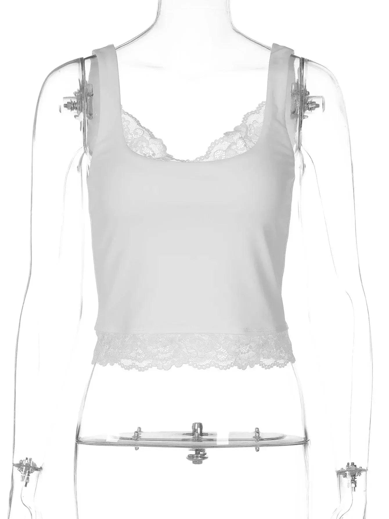 White lace trim camisole tank top for women, displayed on mannequin