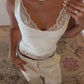 White lace trim camisole top with matching pants, elegant women's fashion outfit