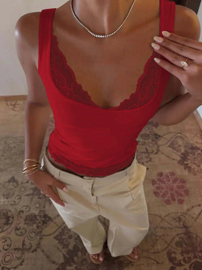 Red lace trim tank top for women, stylish summer fashion with delicate neckline detail
