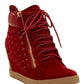 Red suede wedge sneaker with studded side, lace-up front, and gold zipper for women's fashion