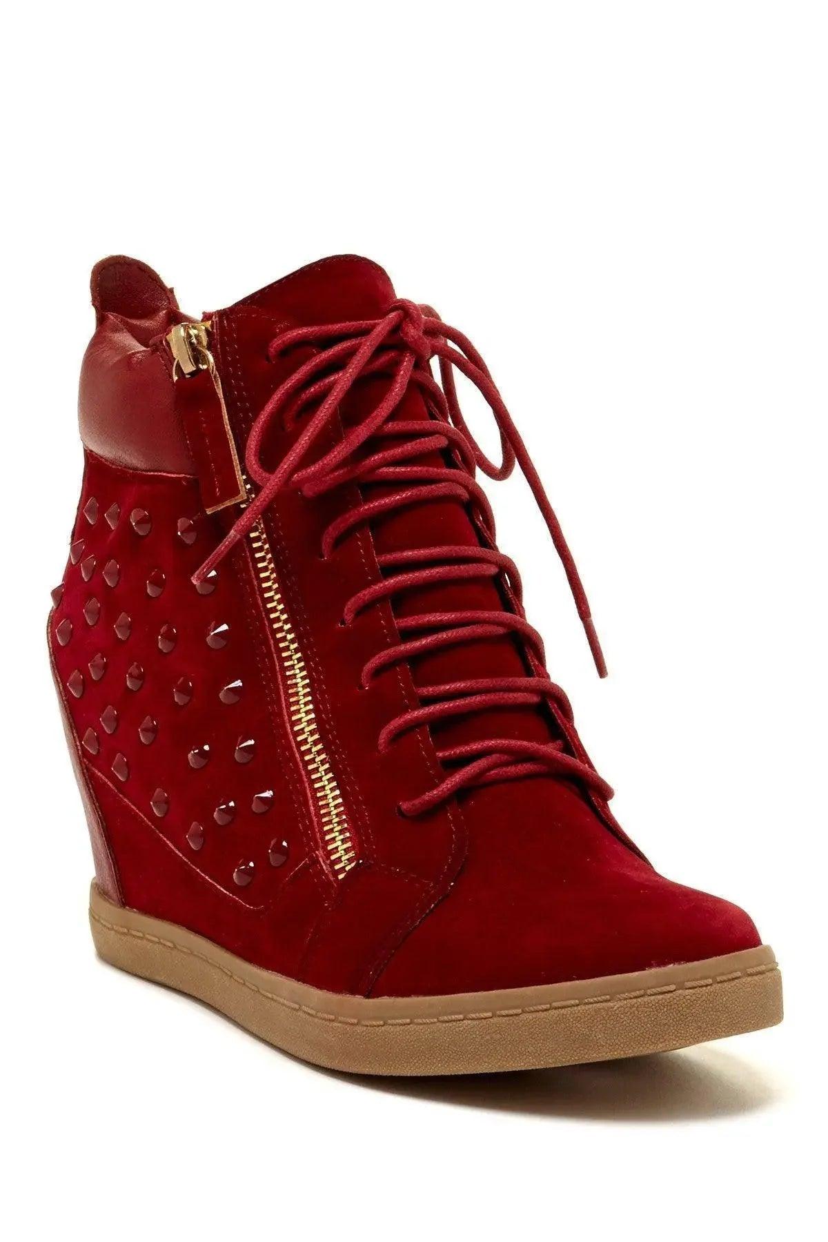Red suede wedge sneaker with studded side, lace-up front, and gold zipper for women's fashion