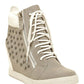 Gray studded wedge sneaker with white laces and side zipper, women's fashion footwear