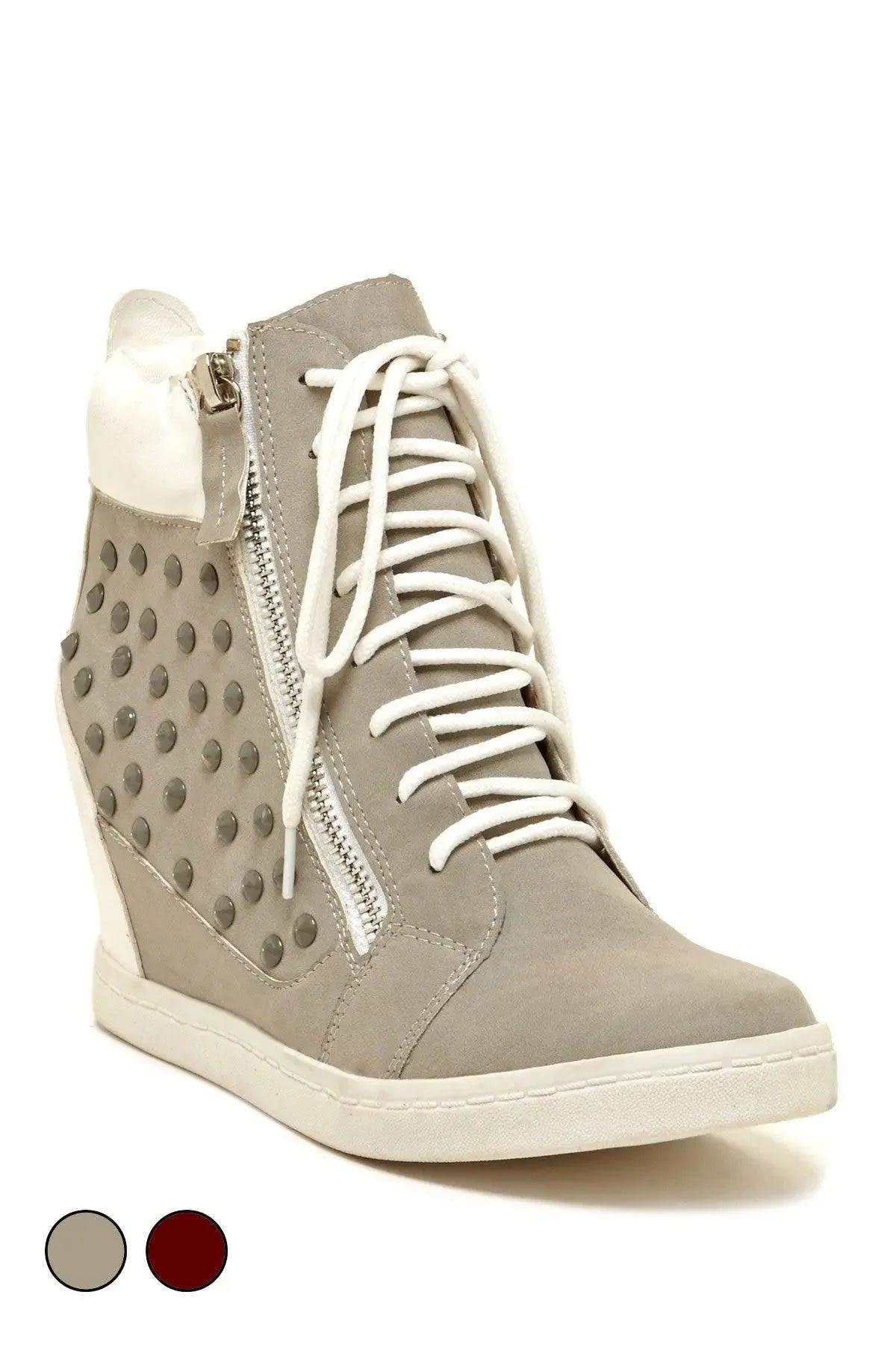Gray studded wedge sneaker with white laces and side zipper, women's fashion footwear