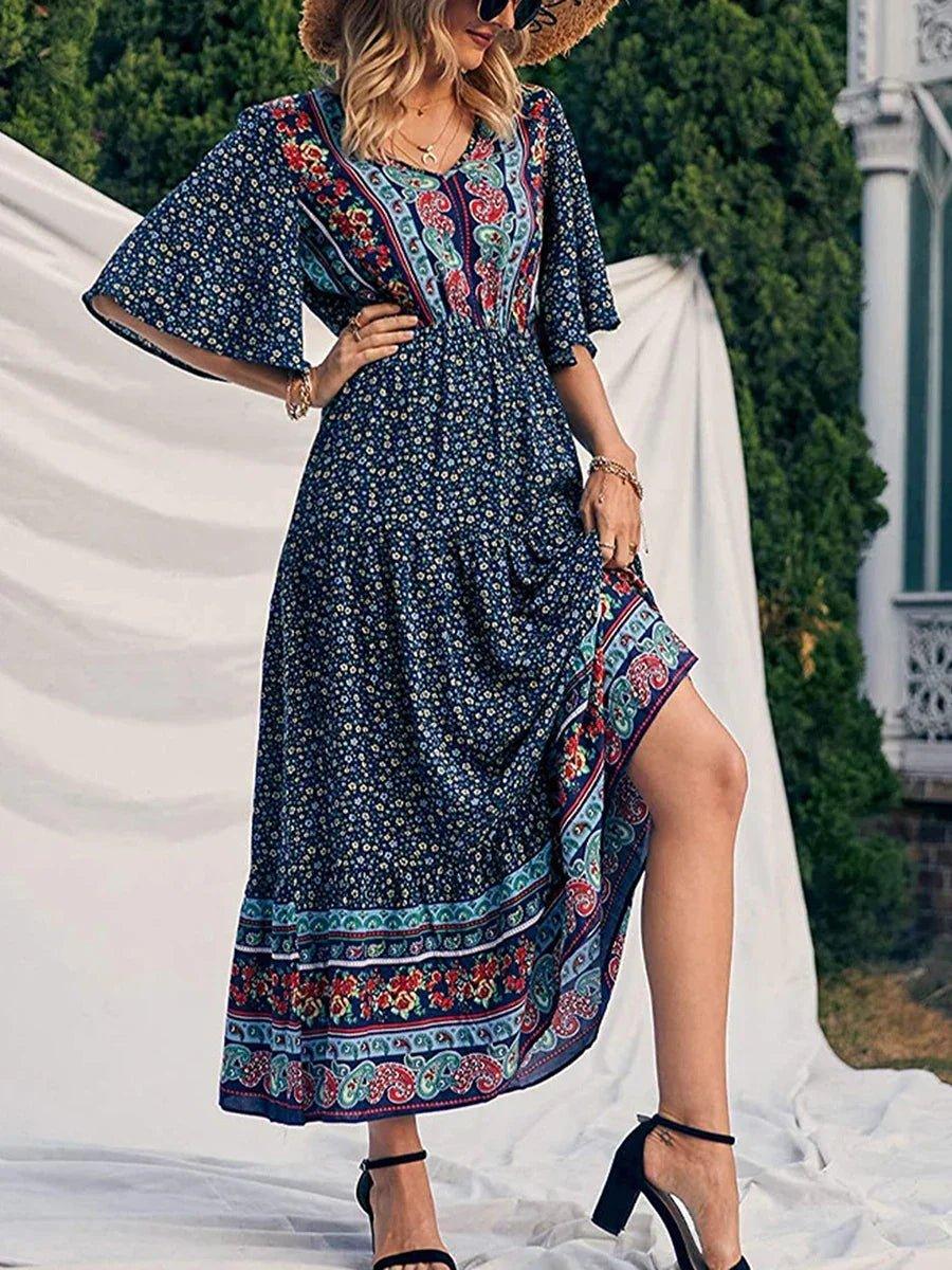 Elegant Casual Long Dress Boho Print Design Short Sleeve V Neck Summer Dress For Women 2024 Fashion - Womans Fashion
