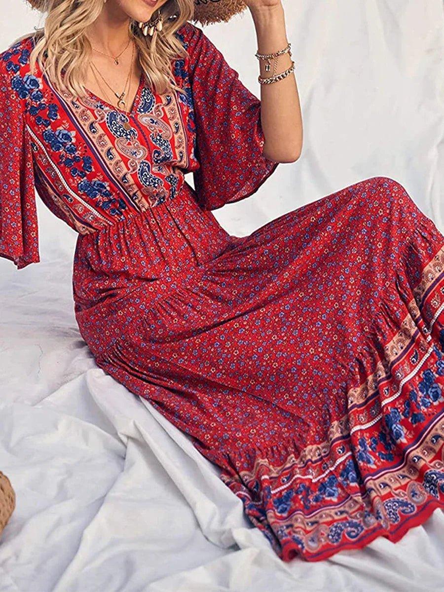 Elegant Casual Long Dress Boho Print Design Short Sleeve V Neck Summer Dress For Women 2024 Fashion - Womans Fashion