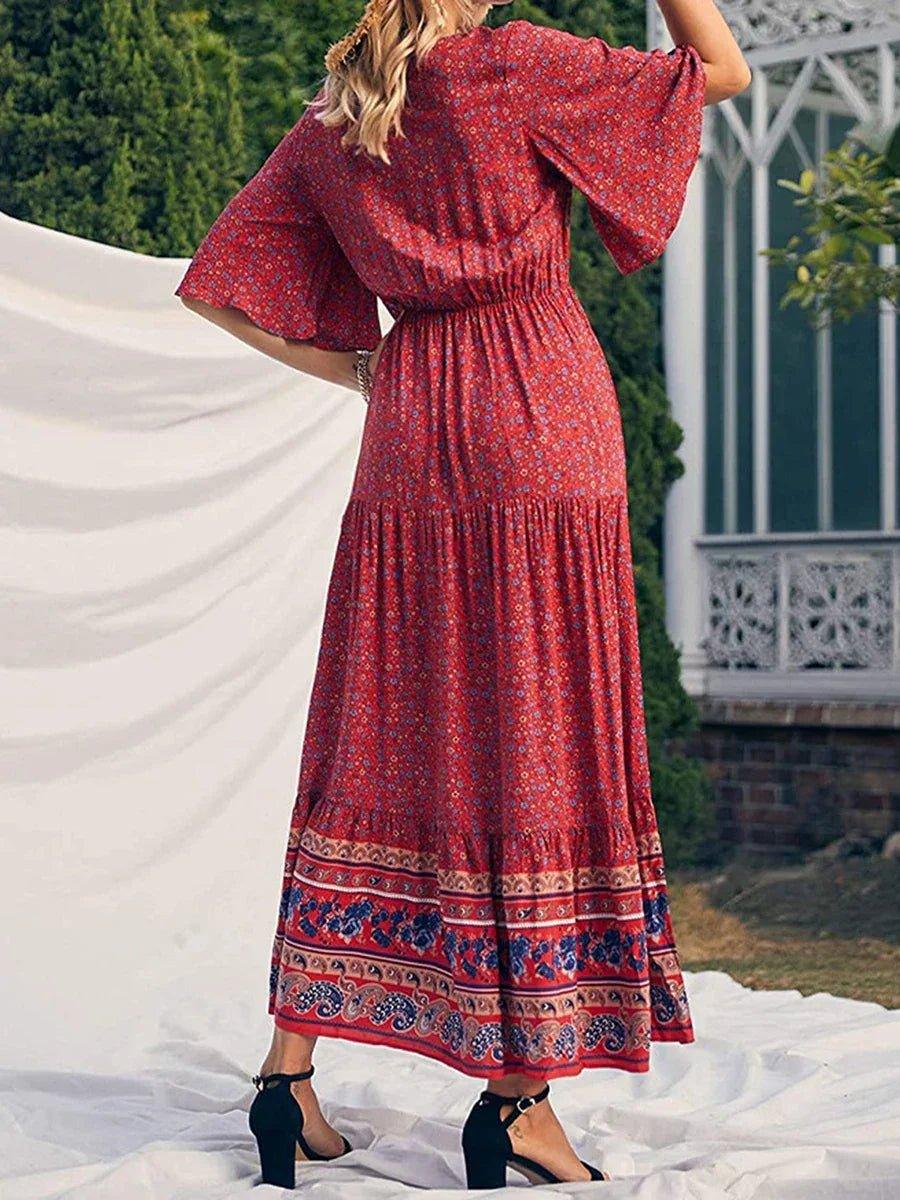 Elegant Casual Long Dress Boho Print Design Short Sleeve V Neck Summer Dress For Women 2024 Fashion - Womans Fashion