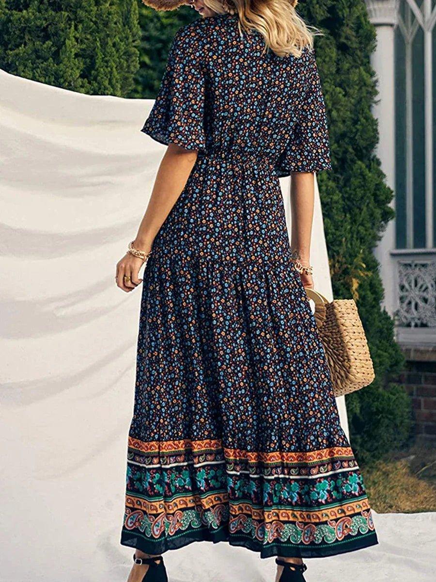 Elegant Casual Long Dress Boho Print Design Short Sleeve V Neck Summer Dress For Women 2024 Fashion - Womans Fashion
